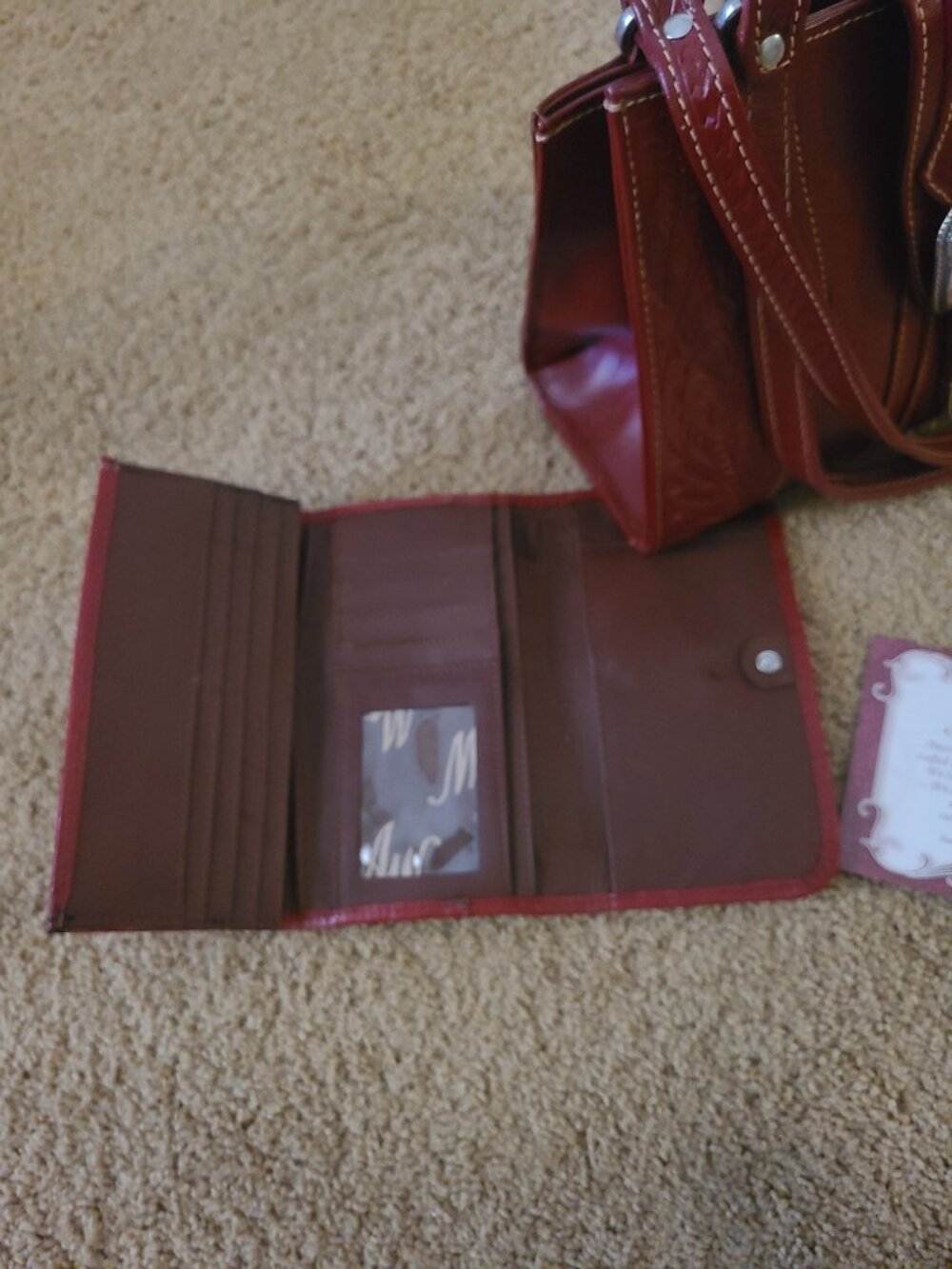 American West Hand Tooled Red Leather Satchel Shoulder Bag & Wallet Set - Picture 3 of 6